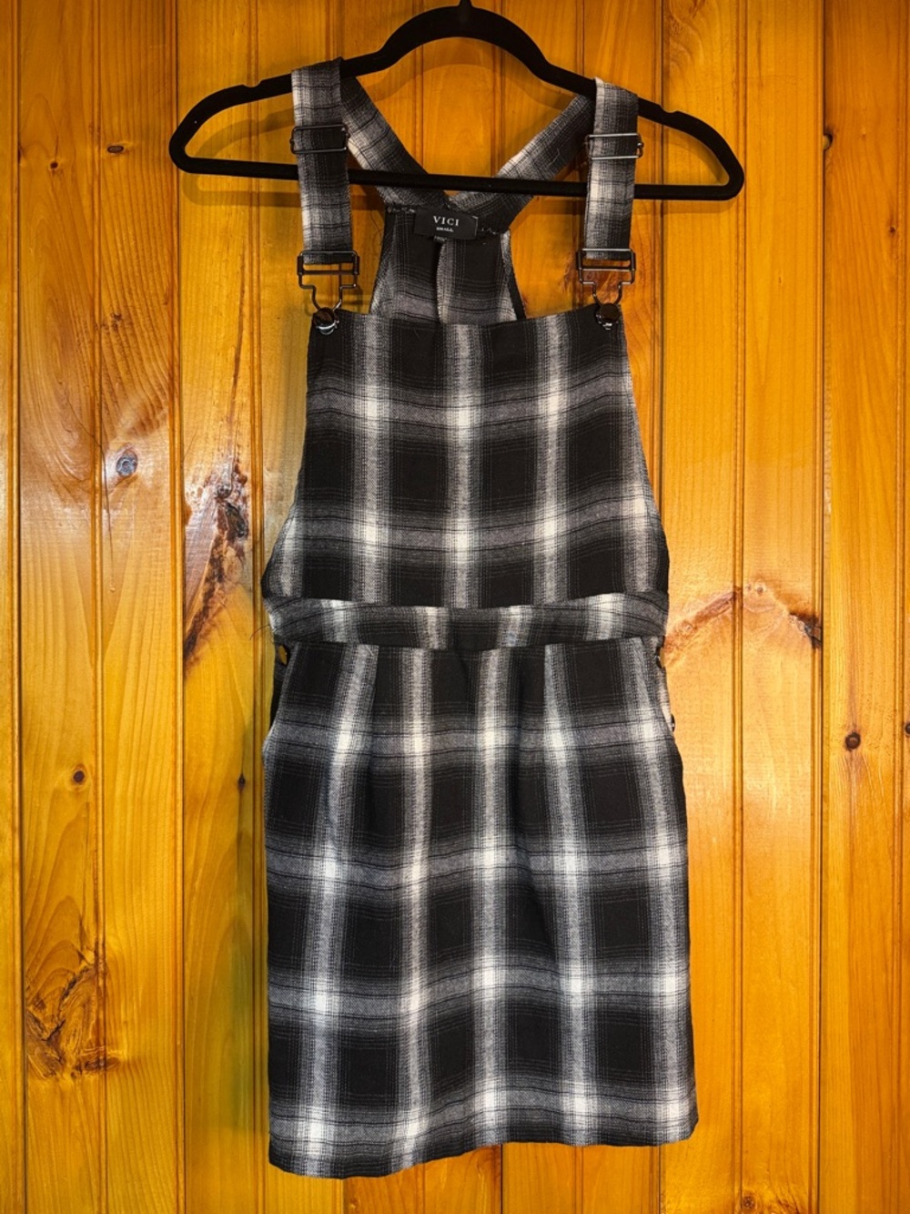 Vici Women’s Plaid Overalls in Black and White